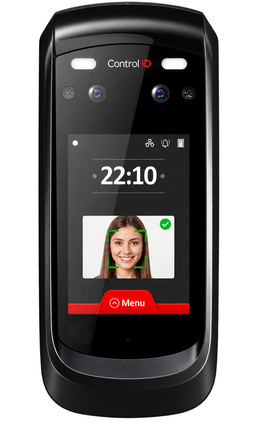 Relógio de ponto iDFace, da Control iD, com tela mostrando o horário e o rosto reconhecido