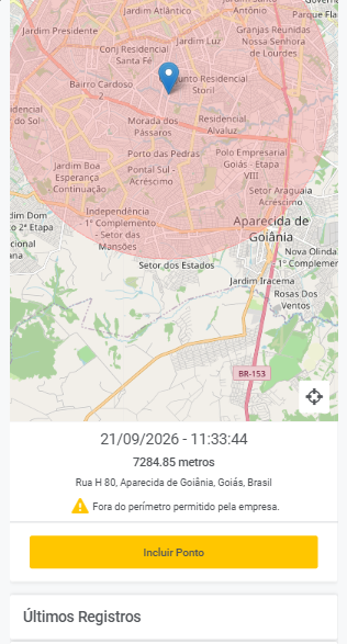 Registro de ponto pelo aplicativo com mapa e perímetro